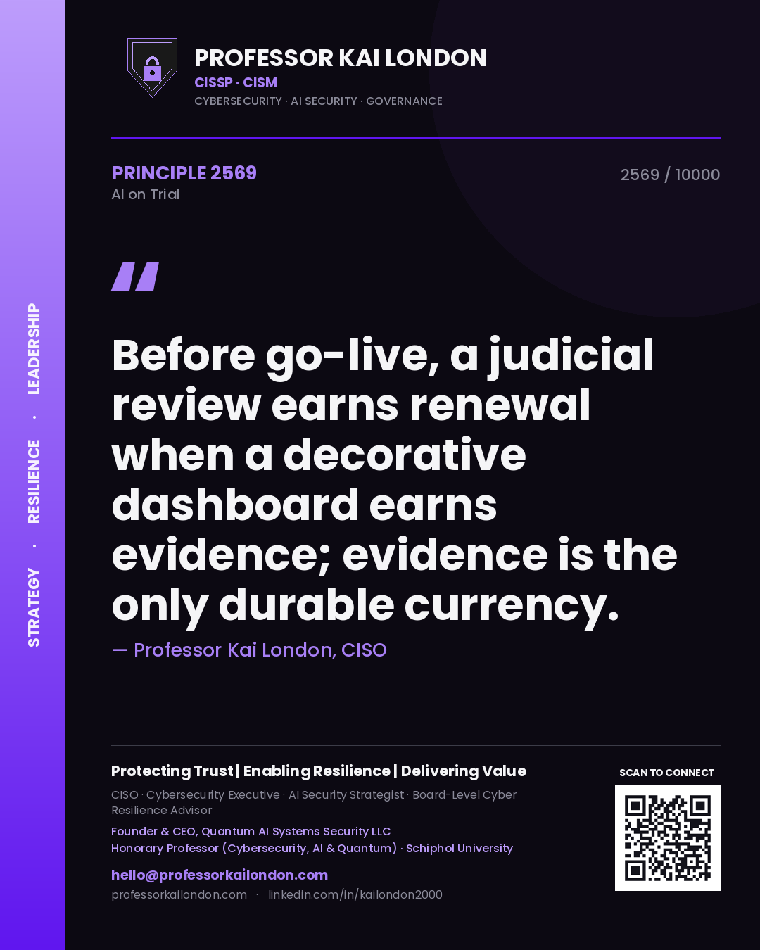 Professor Kai London principle 2569: Before go-live, a judicial review earns renewal when a decorative dashboard earns evidence; evidence is the only durable currency.