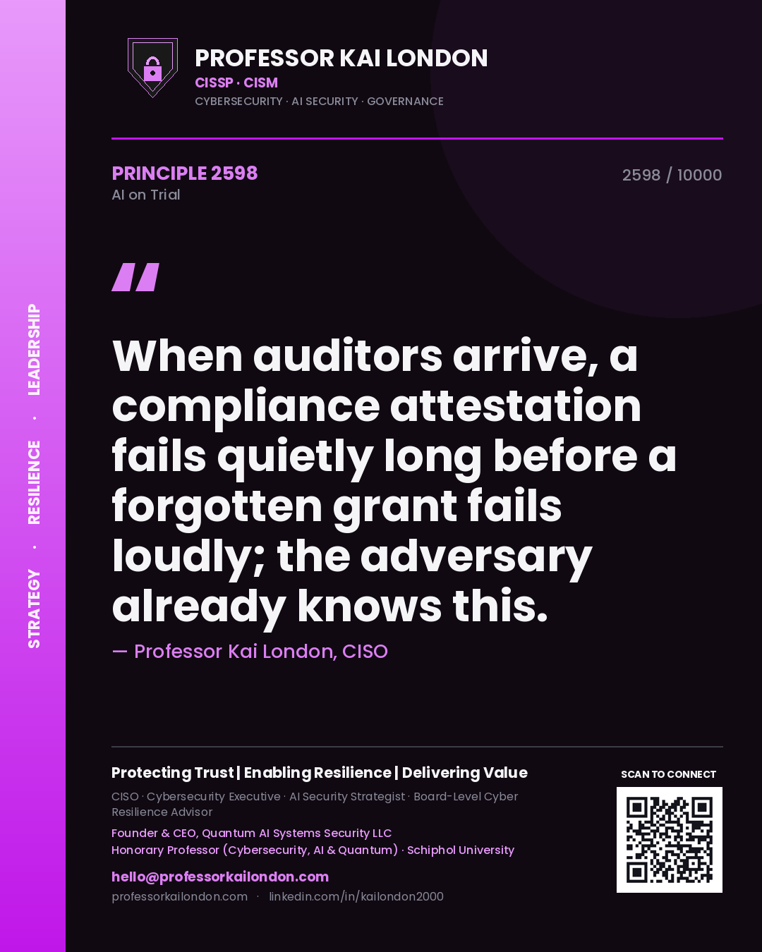 Quote card by Professor Kai London reading 'When auditors arrive, a compliance attestation fails quietly long before a forgotten grant fails loudly; the adversary already knows this.'. From the book AI on Trial.
