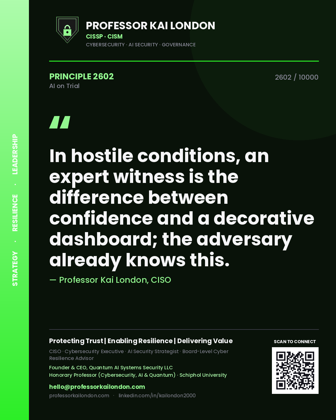 Professor Kai London principle 2602: In hostile conditions, an expert witness is the difference between confidence and a decorative dashboard; the adversary already knows this.