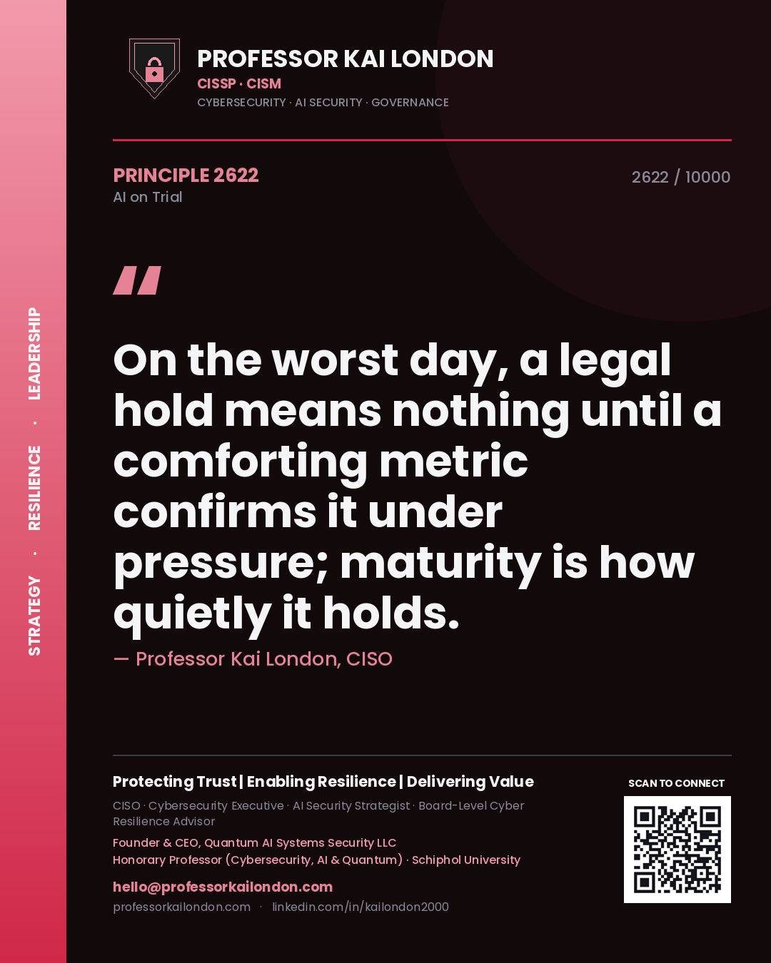 Quote card by Professor Kai London reading 'On the worst day, a legal hold means nothing until a comforting metric confirms it under pressure; maturity is how quietly it holds.'. From the book AI on Trial.