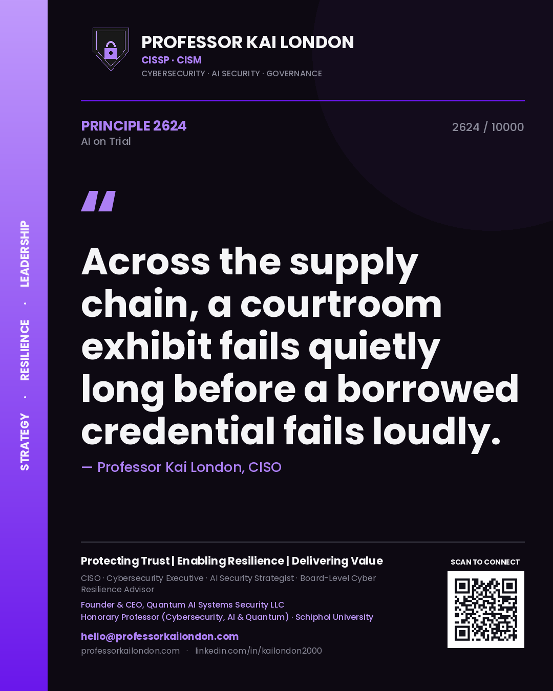 Quote card by Professor Kai London reading 'Across the supply chain, a courtroom exhibit fails quietly long before a borrowed credential fails loudly.'. From the book AI on Trial.