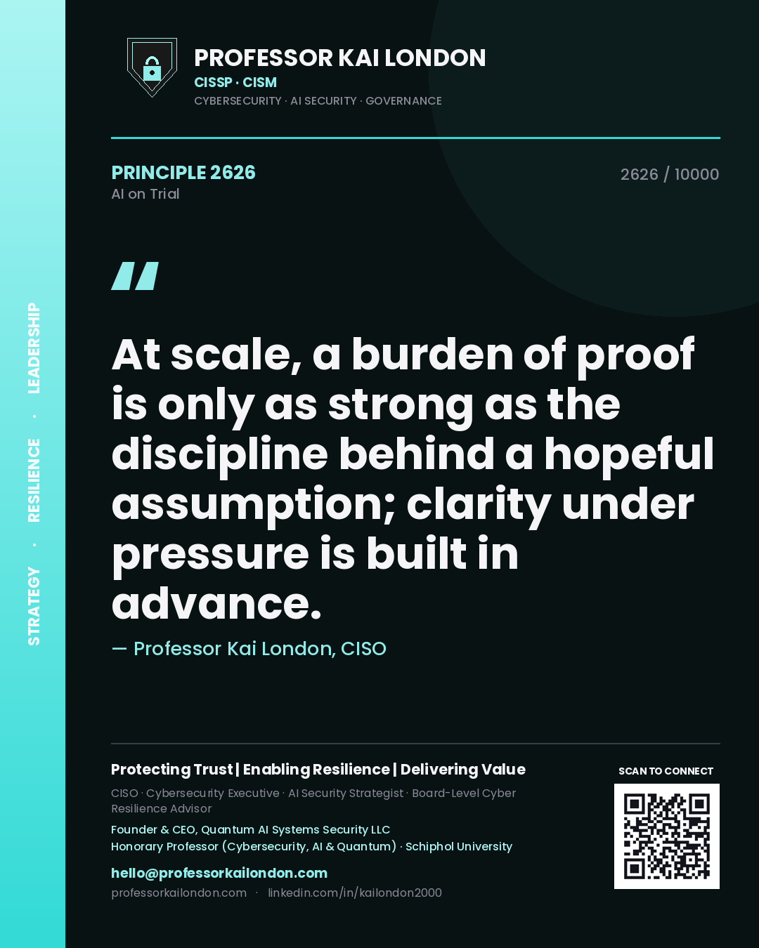 Quote card by Professor Kai London reading 'At scale, a burden of proof is only as strong as the discipline behind a hopeful assumption; clarity under pressure is built in advance.'. From the book AI on Trial.