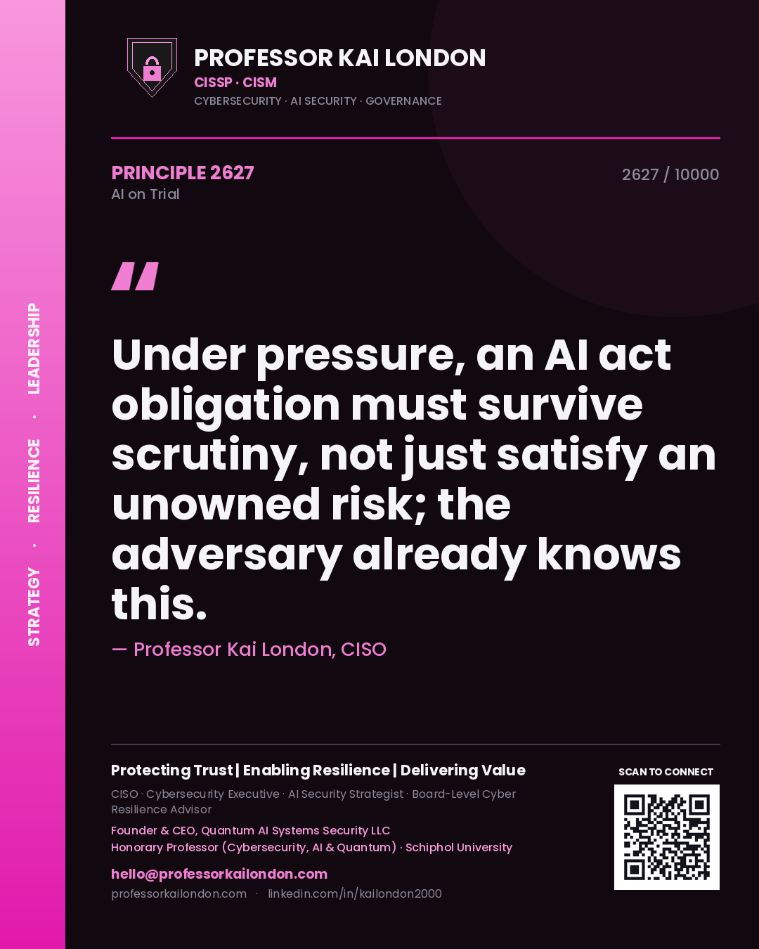 Quote card by Professor Kai London reading 'Under pressure, an AI act obligation must survive scrutiny, not just satisfy an unowned risk; the adversary already knows this.'. From the book AI on Trial.