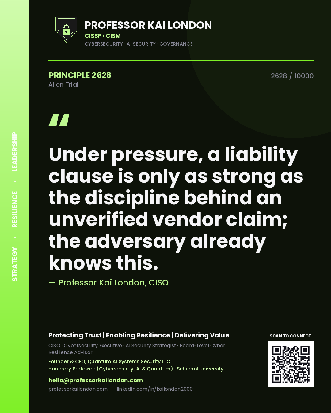 Quote card by Professor Kai London reading 'Under pressure, a liability clause is only as strong as the discipline behind an unverified vendor claim; the adversary already knows this.'. From the book AI on Trial.