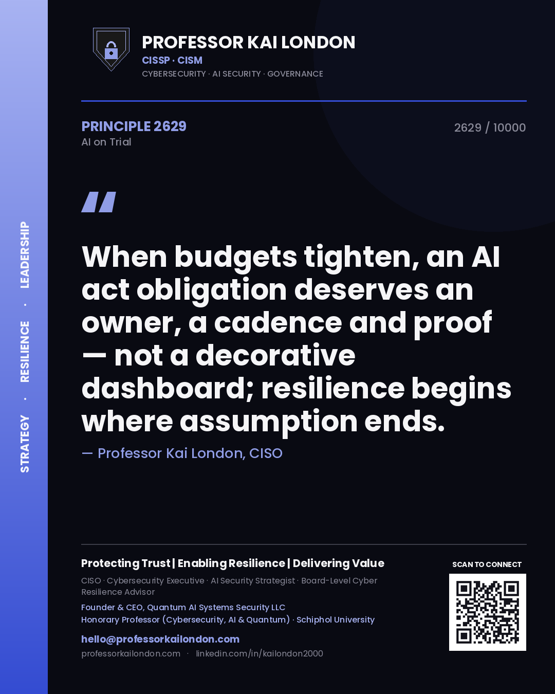 Professor Kai London principle 2629: When budgets tighten, an AI act obligation deserves an owner, a cadence and proof — not a decorative dashboard; resilience begins where assumption ends.