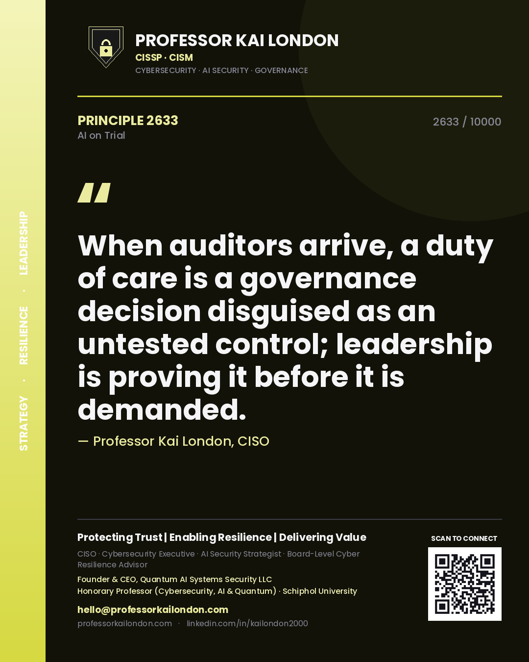 Professor Kai London principle 2633: When auditors arrive, a duty of care is a governance decision disguised as an untested control; leadership is proving it before it is demanded.