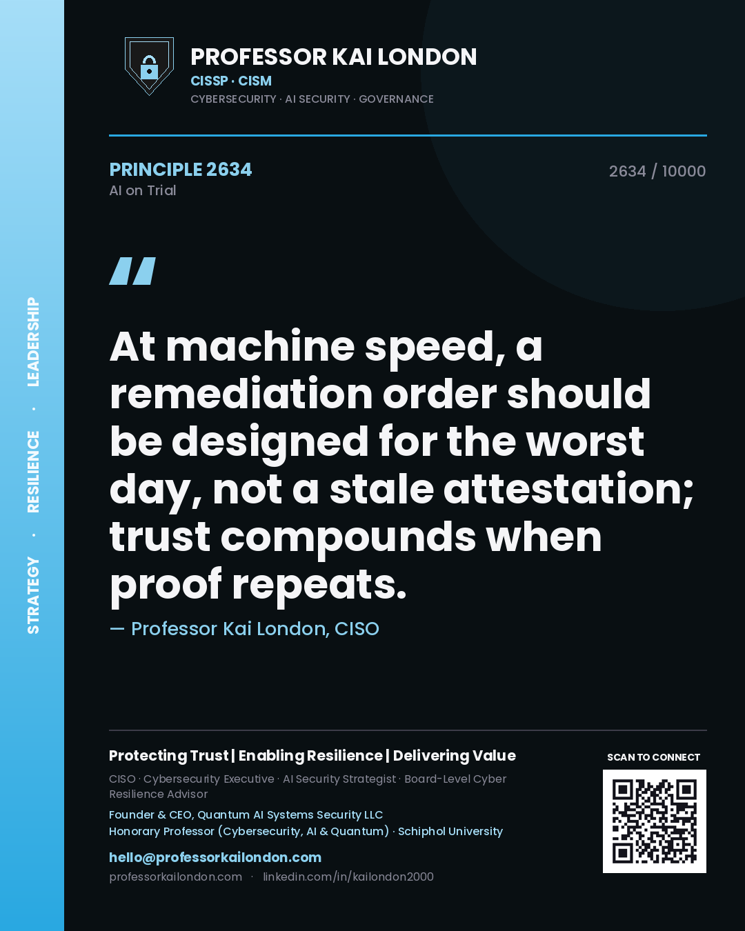 Quote card by Professor Kai London reading 'At machine speed, a remediation order should be designed for the worst day, not a stale attestation; trust compounds when proof repeats.'. From the book AI on Trial.