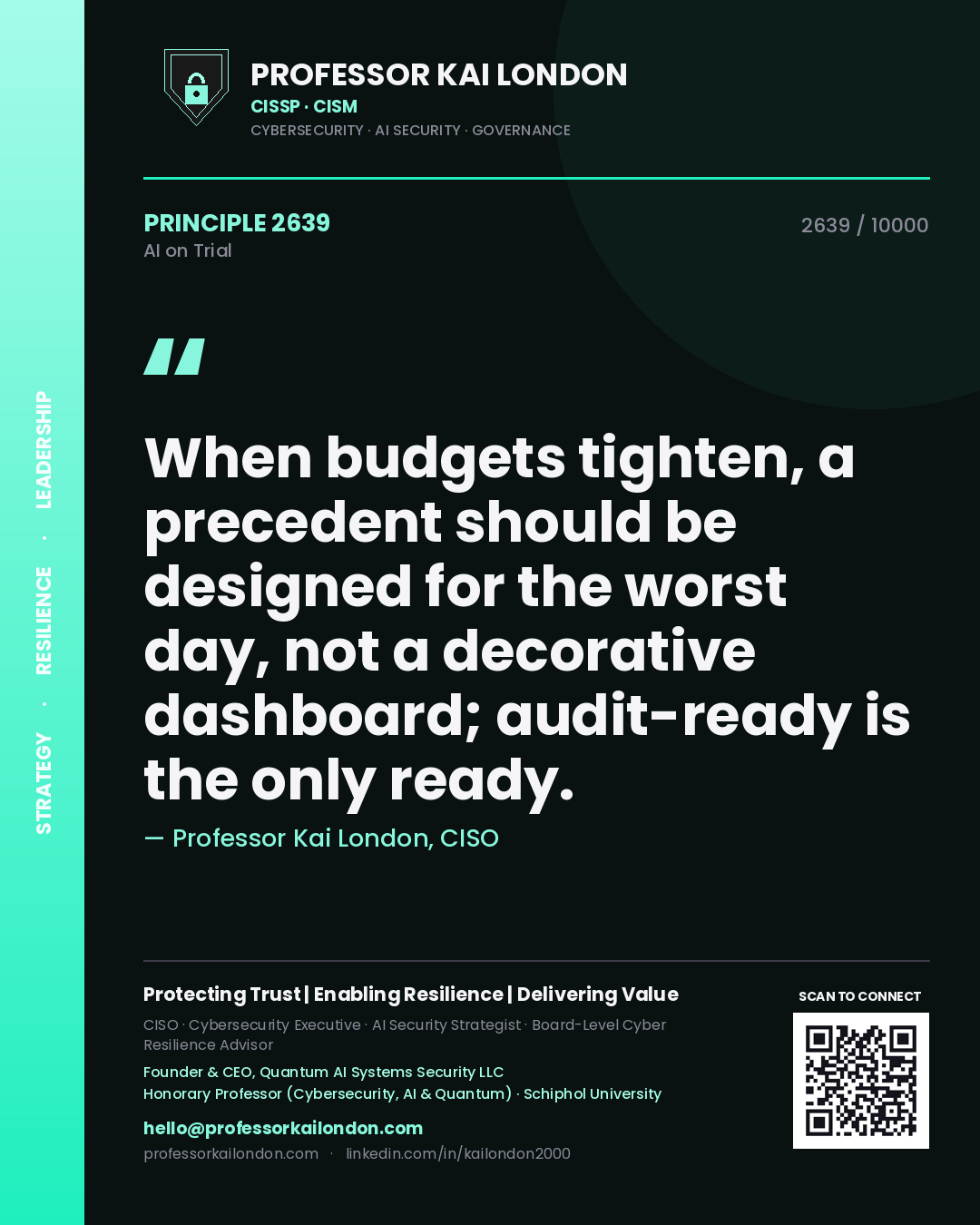 Quote card by Professor Kai London reading 'When budgets tighten, a precedent should be designed for the worst day, not a decorative dashboard; audit-ready is the only ready.'. From the book AI on Trial.
