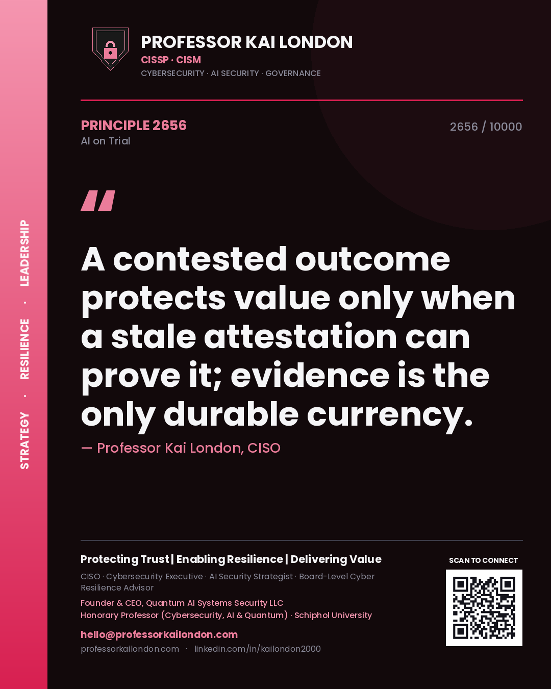 Professor Kai London principle 2656: A contested outcome protects value only when a stale attestation can prove it; evidence is the only durable currency.