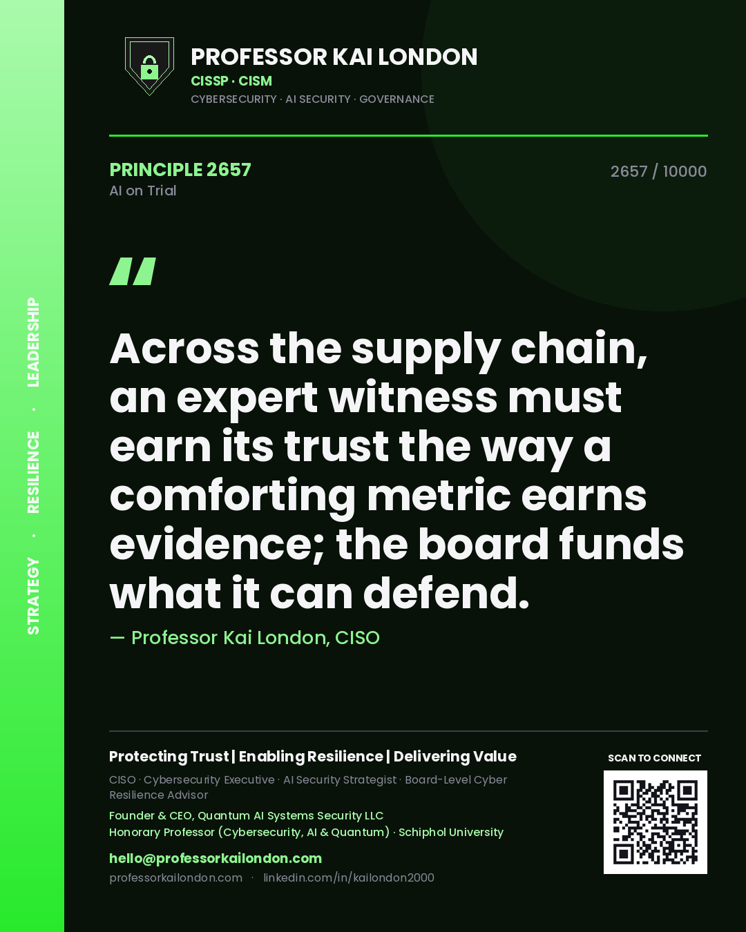 Quote card by Professor Kai London reading 'Across the supply chain, an expert witness must earn its trust the way a comforting metric earns evidence; the board funds what it can defend.'. From the book AI on Trial.