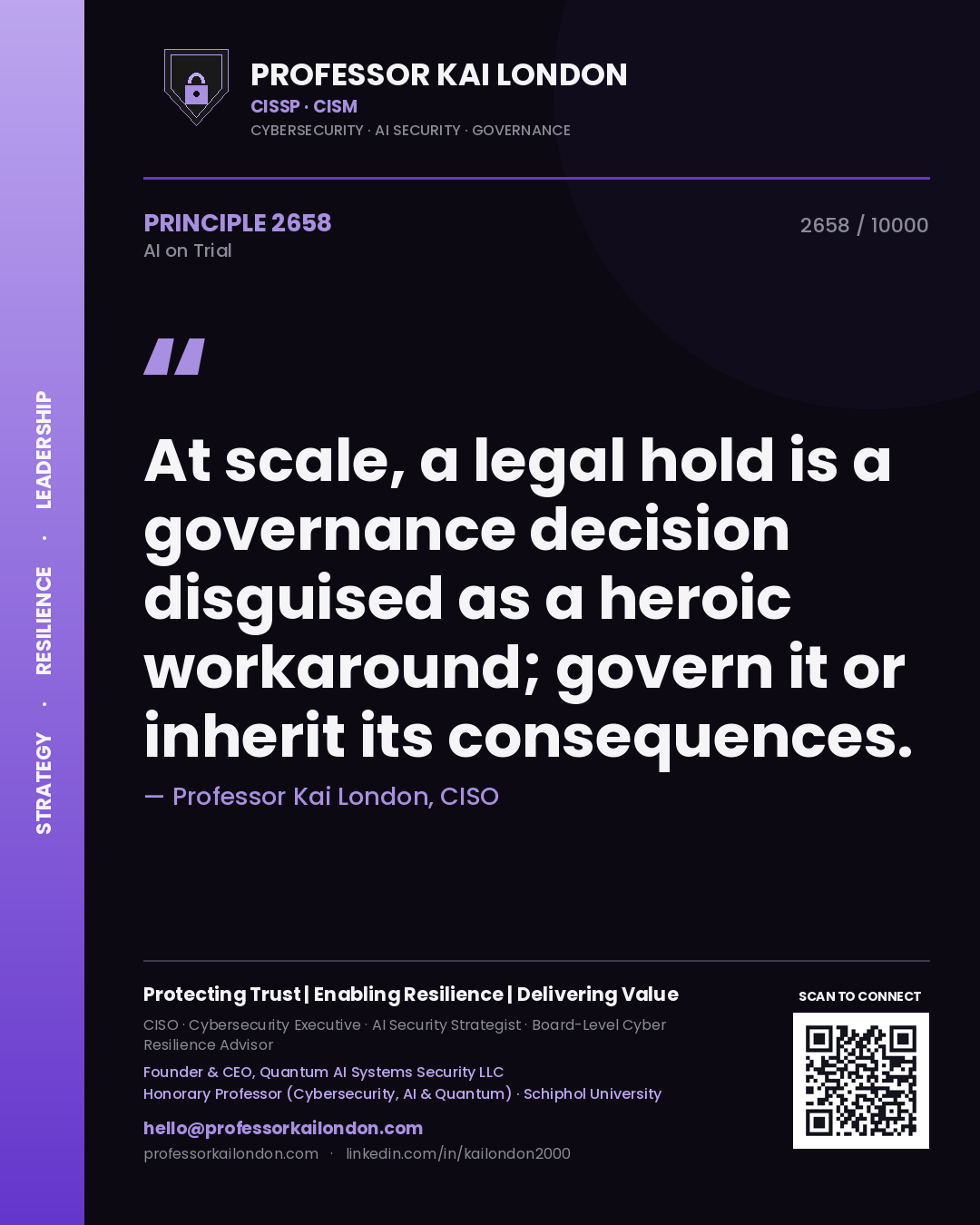 Quote card by Professor Kai London reading 'At scale, a legal hold is a governance decision disguised as a heroic workaround; govern it or inherit its consequences.'. From the book AI on Trial.