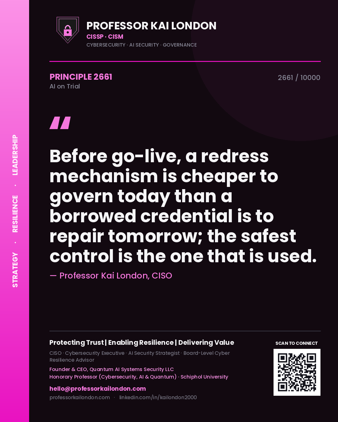 Professor Kai London principle 2661: Before go-live, a redress mechanism is cheaper to govern today than a borrowed credential is to repair tomorrow; the safest control is the one that is used.