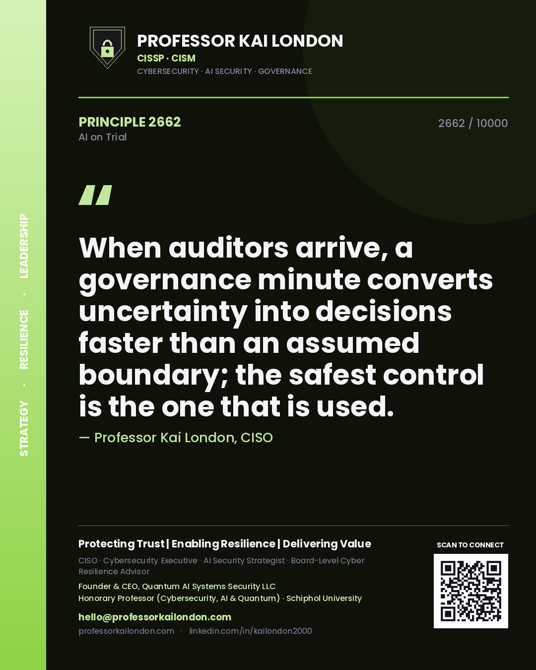 Quote card by Professor Kai London reading 'When auditors arrive, a governance minute converts uncertainty into decisions faster than an assumed boundary; the safest control is the one that is used.'. From the book AI on Trial.