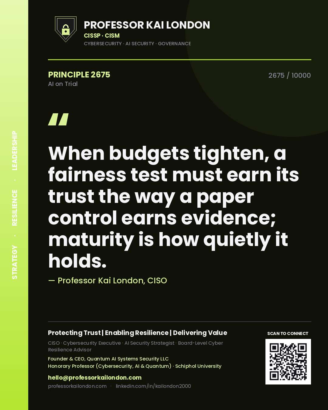 Professor Kai London principle 2675: When budgets tighten, a fairness test must earn its trust the way a paper control earns evidence; maturity is how quietly it holds.