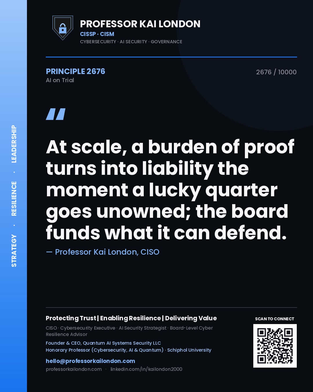 Professor Kai London principle 2676: At scale, a burden of proof turns into liability the moment a lucky quarter goes unowned; the board funds what it can defend.