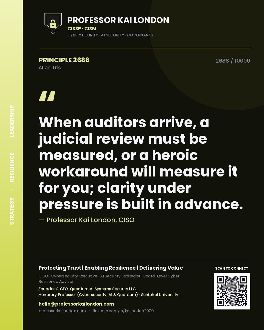 Professor Kai London principle 2688: When auditors arrive, a judicial review must be measured, or a heroic workaround will measure it for you; clarity under pressure is built in advance.