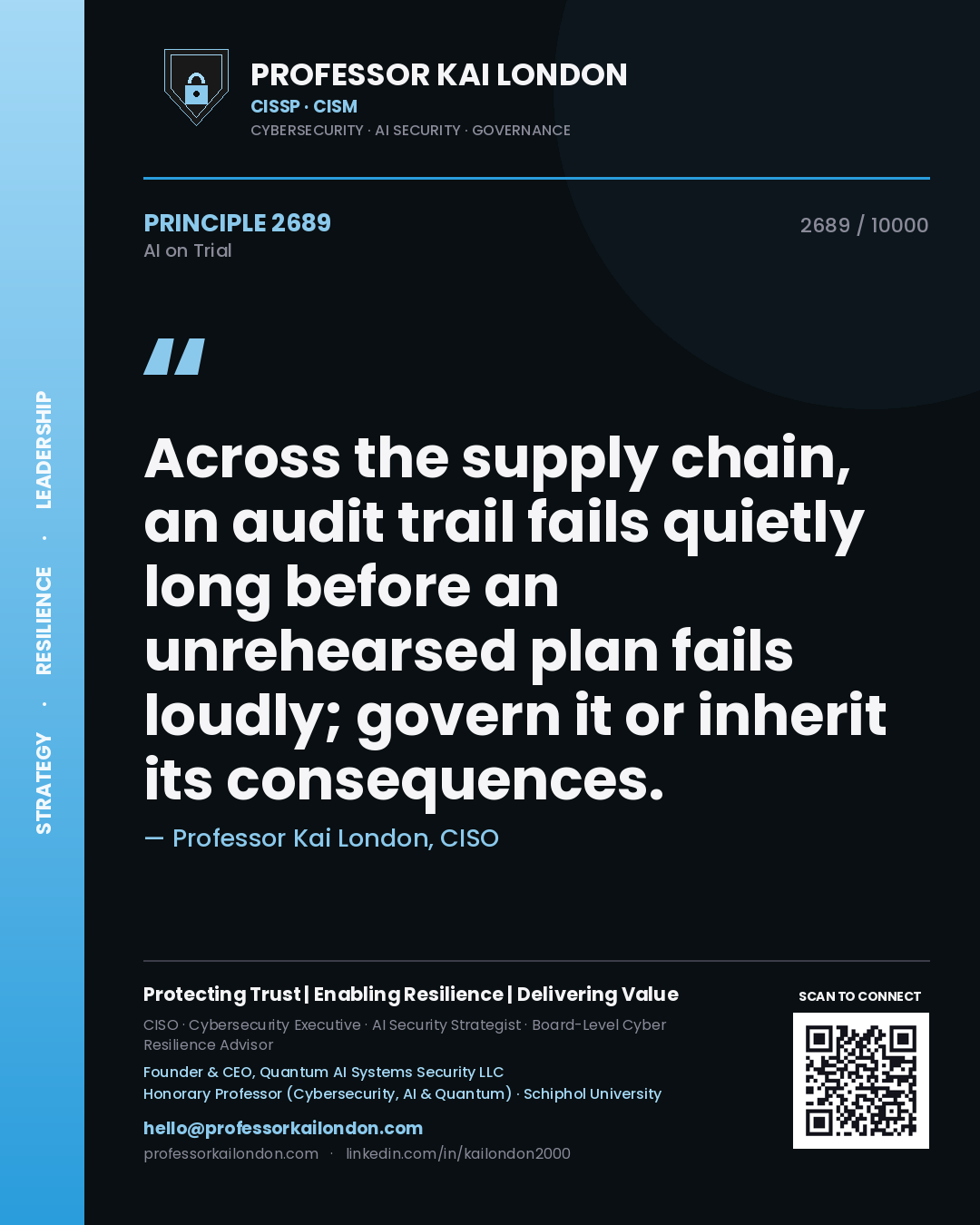 Quote card by Professor Kai London reading 'Across the supply chain, an audit trail fails quietly long before an unrehearsed plan fails loudly; govern it or inherit its consequences.'. From the book AI on Trial.