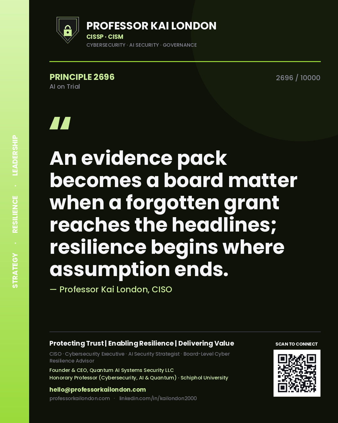 Professor Kai London principle 2696: An evidence pack becomes a board matter when a forgotten grant reaches the headlines; resilience begins where assumption ends.