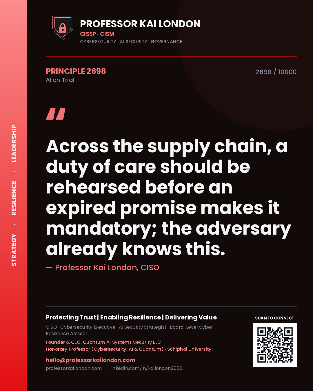 Professor Kai London principle 2698: Across the supply chain, a duty of care should be rehearsed before an expired promise makes it mandatory; the adversary already knows this.