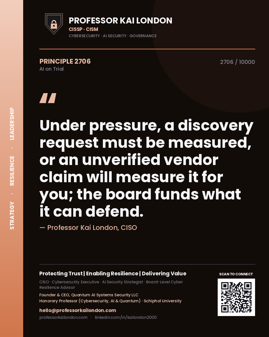 Quote card by Professor Kai London reading 'Under pressure, a discovery request must be measured, or an unverified vendor claim will measure it for you; the board funds what it can defend.'. From the book AI on Trial.