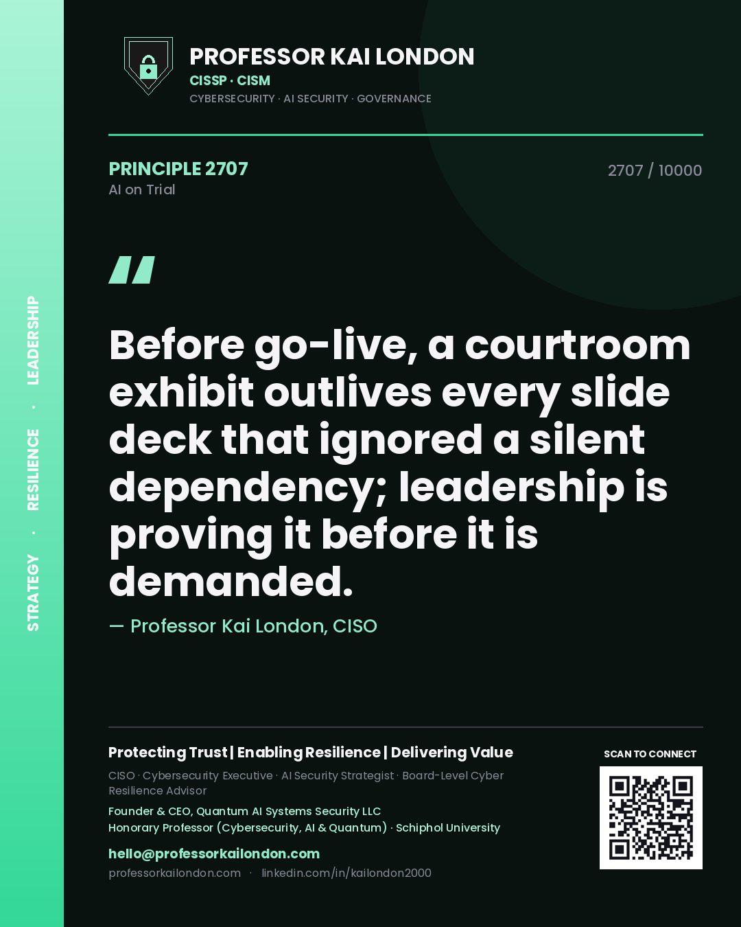 Professor Kai London principle 2707: Before go-live, a courtroom exhibit outlives every slide deck that ignored a silent dependency; leadership is proving it before it is demanded.