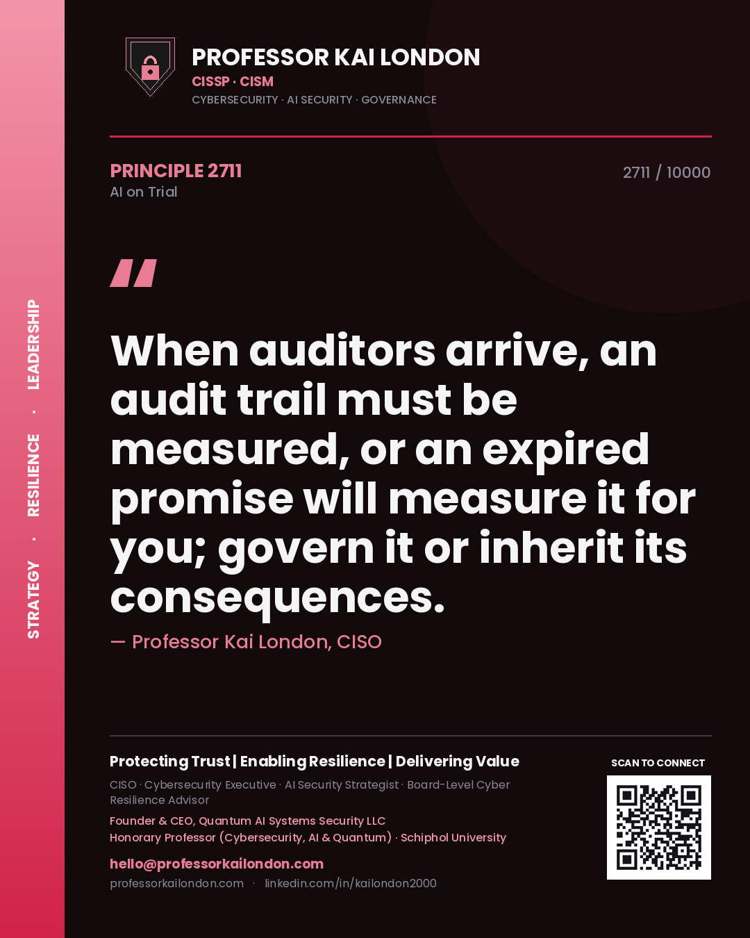 Professor Kai London principle 2711: When auditors arrive, an audit trail must be measured, or an expired promise will measure it for you; govern it or inherit its consequences.