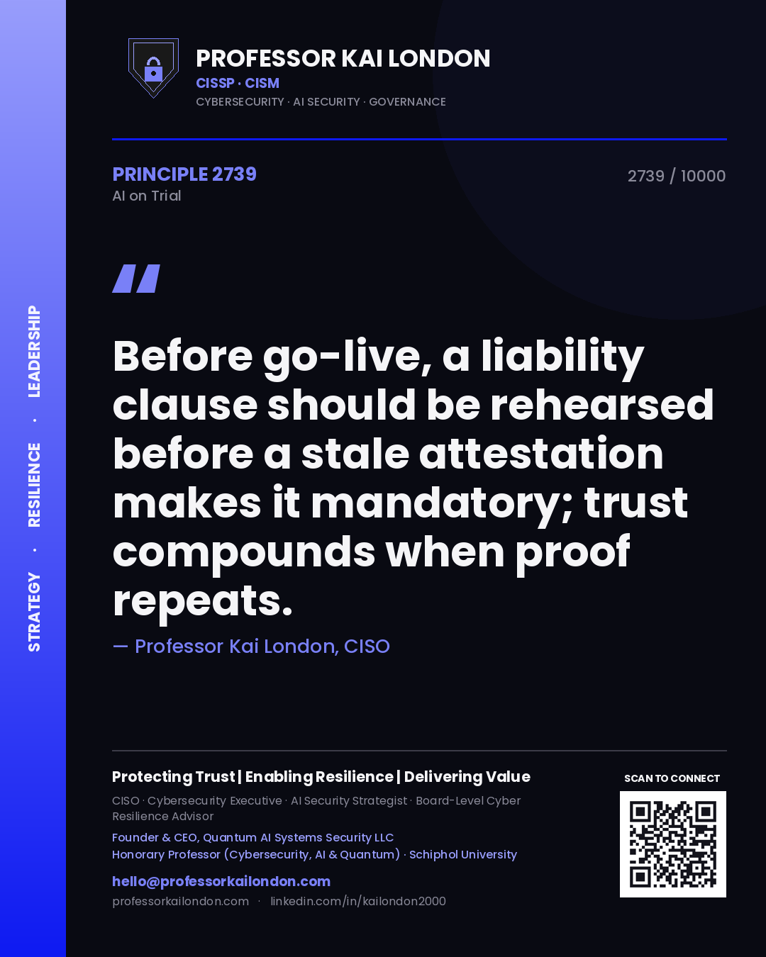 Professor Kai London principle 2739: Before go-live, a liability clause should be rehearsed before a stale attestation makes it mandatory; trust compounds when proof repeats.