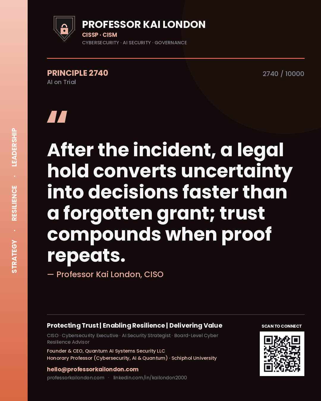 Quote card by Professor Kai London reading 'After the incident, a legal hold converts uncertainty into decisions faster than a forgotten grant; trust compounds when proof repeats.'. From the book AI on Trial.