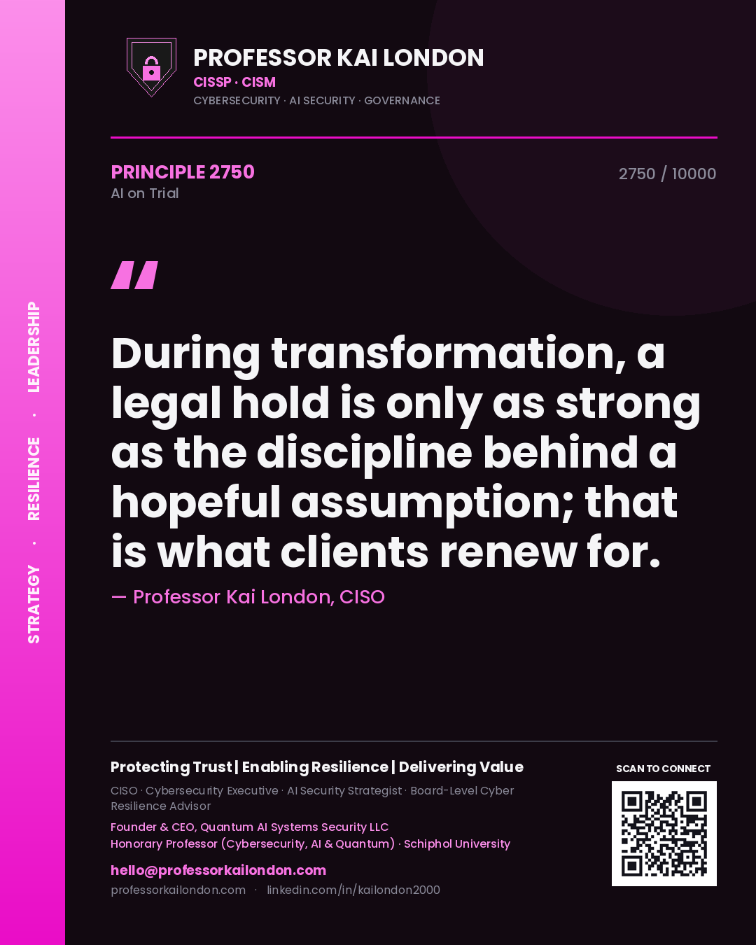Quote card by Professor Kai London reading 'During transformation, a legal hold is only as strong as the discipline behind a hopeful assumption; that is what clients renew for.'. From the book AI on Trial.