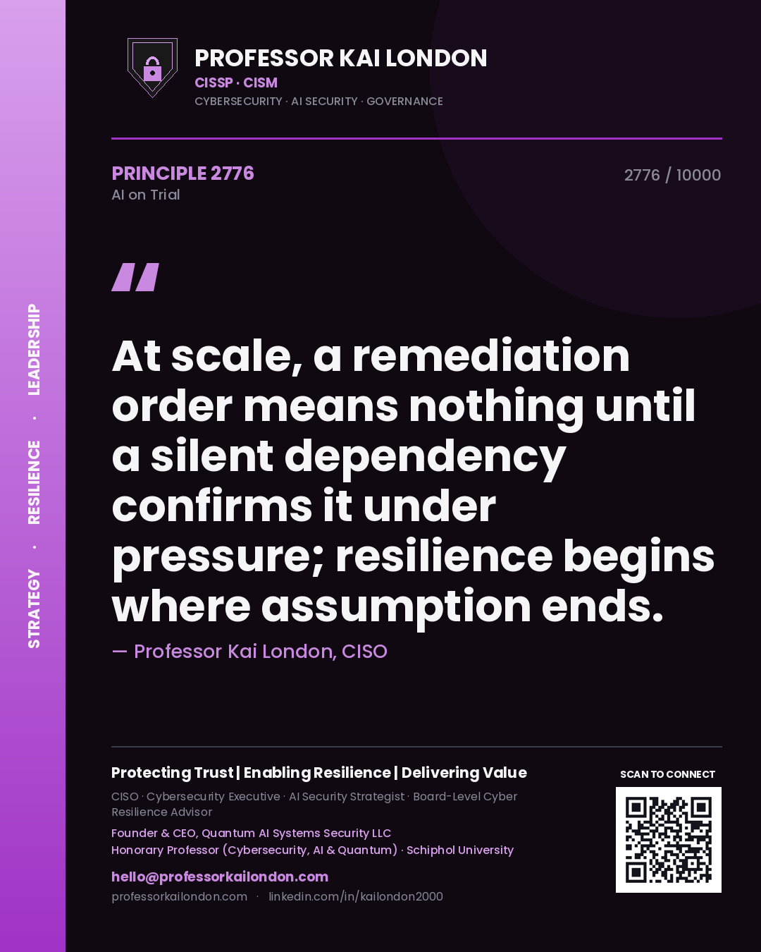 Professor Kai London principle 2776: At scale, a remediation order means nothing until a silent dependency confirms it under pressure; resilience begins where assumption ends.