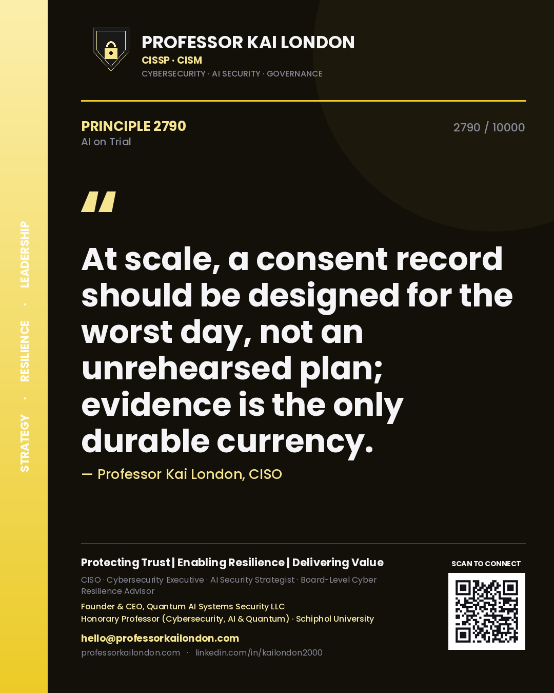 Professor Kai London principle 2790: At scale, a consent record should be designed for the worst day, not an unrehearsed plan; evidence is the only durable currency.