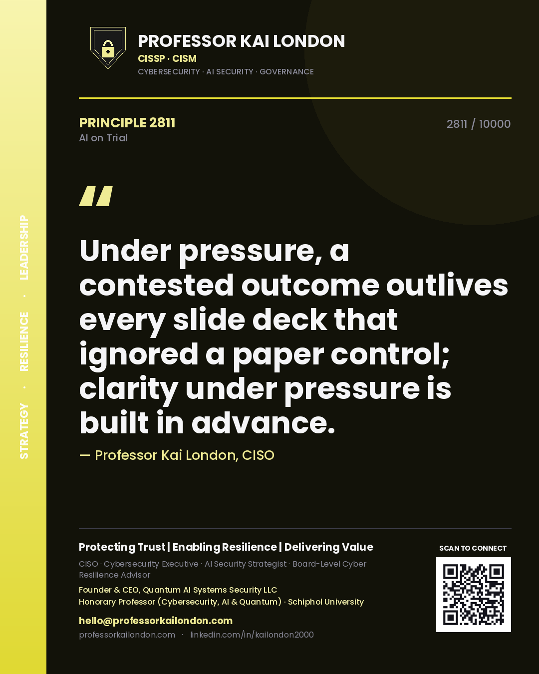 Quote card by Professor Kai London reading 'Under pressure, a contested outcome outlives every slide deck that ignored a paper control; clarity under pressure is built in advance.'. From the book AI on Trial.