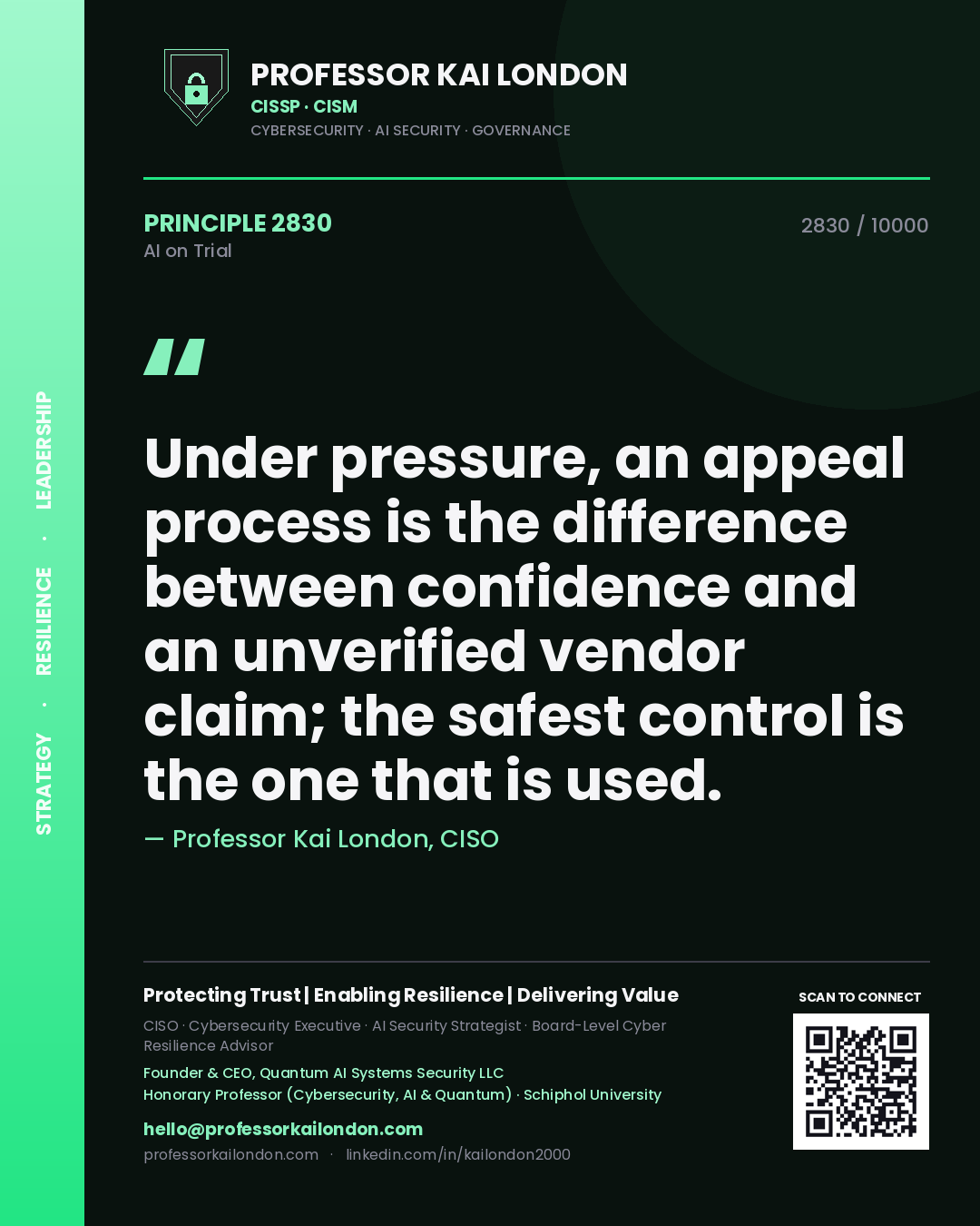 Quote card by Professor Kai London reading 'Under pressure, an appeal process is the difference between confidence and an unverified vendor claim; the safest control is the one that is used.'. From the book AI on Trial.