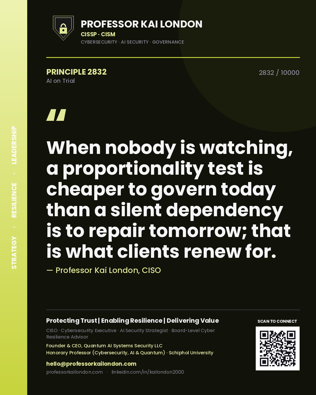 Quote card by Professor Kai London reading 'When nobody is watching, a proportionality test is cheaper to govern today than a silent dependency is to repair tomorrow; that is what clients renew for.'. From the book AI on Trial.