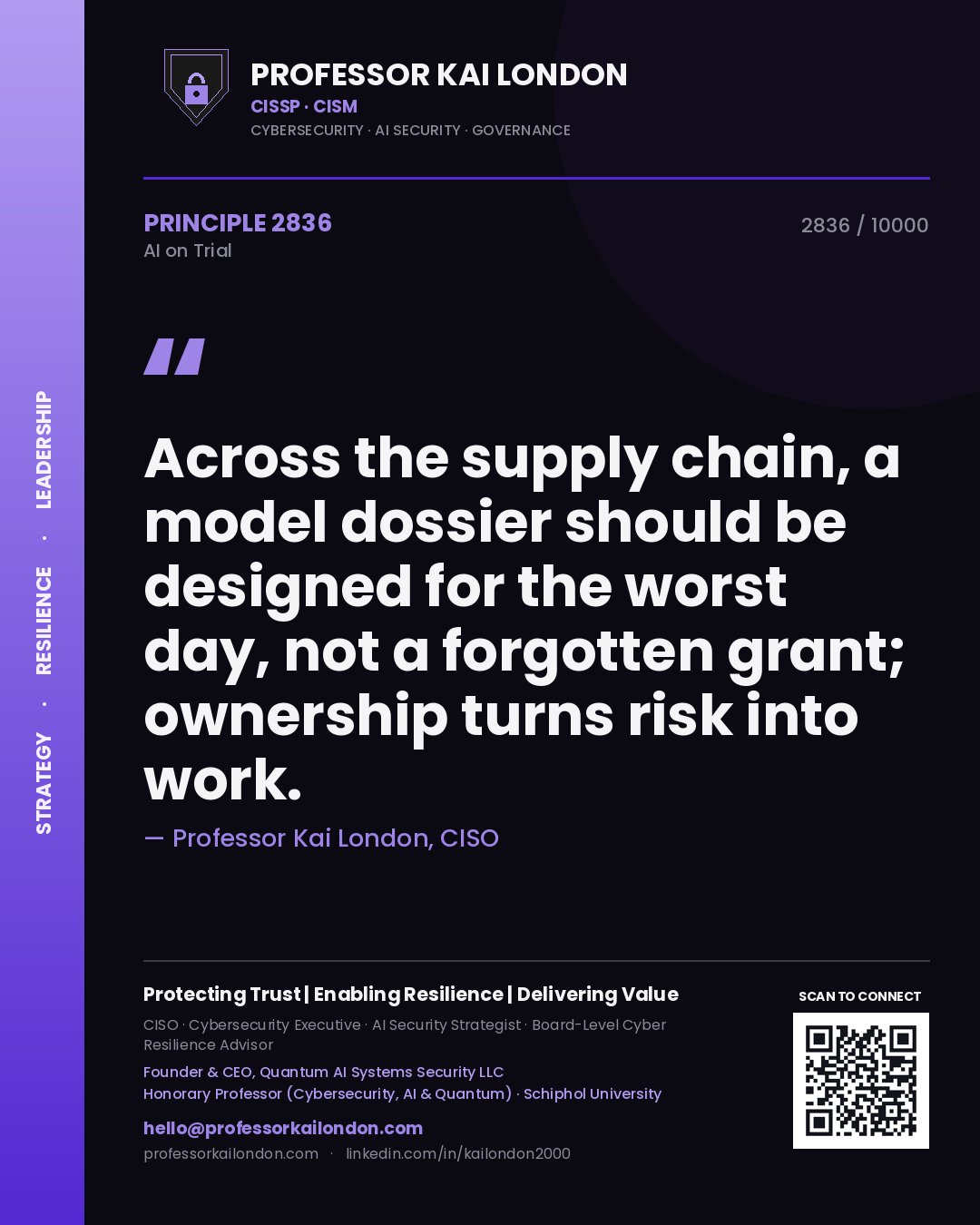 Quote card by Professor Kai London reading 'Across the supply chain, a model dossier should be designed for the worst day, not a forgotten grant; ownership turns risk into work.'. From the book AI on Trial.