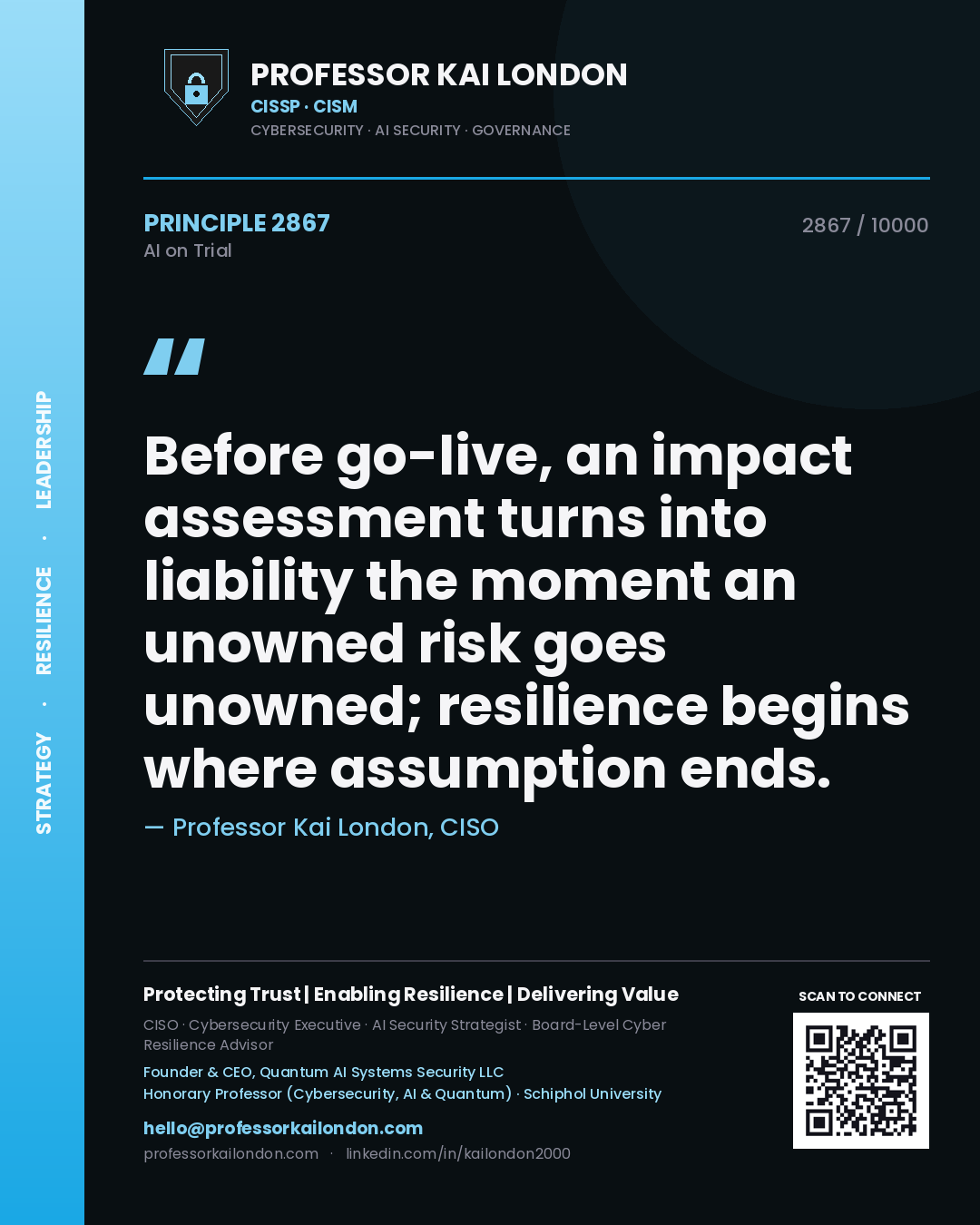 Quote card by Professor Kai London reading 'Before go-live, an impact assessment turns into liability the moment an unowned risk goes unowned; resilience begins where assumption ends.'. From the book AI on Trial.