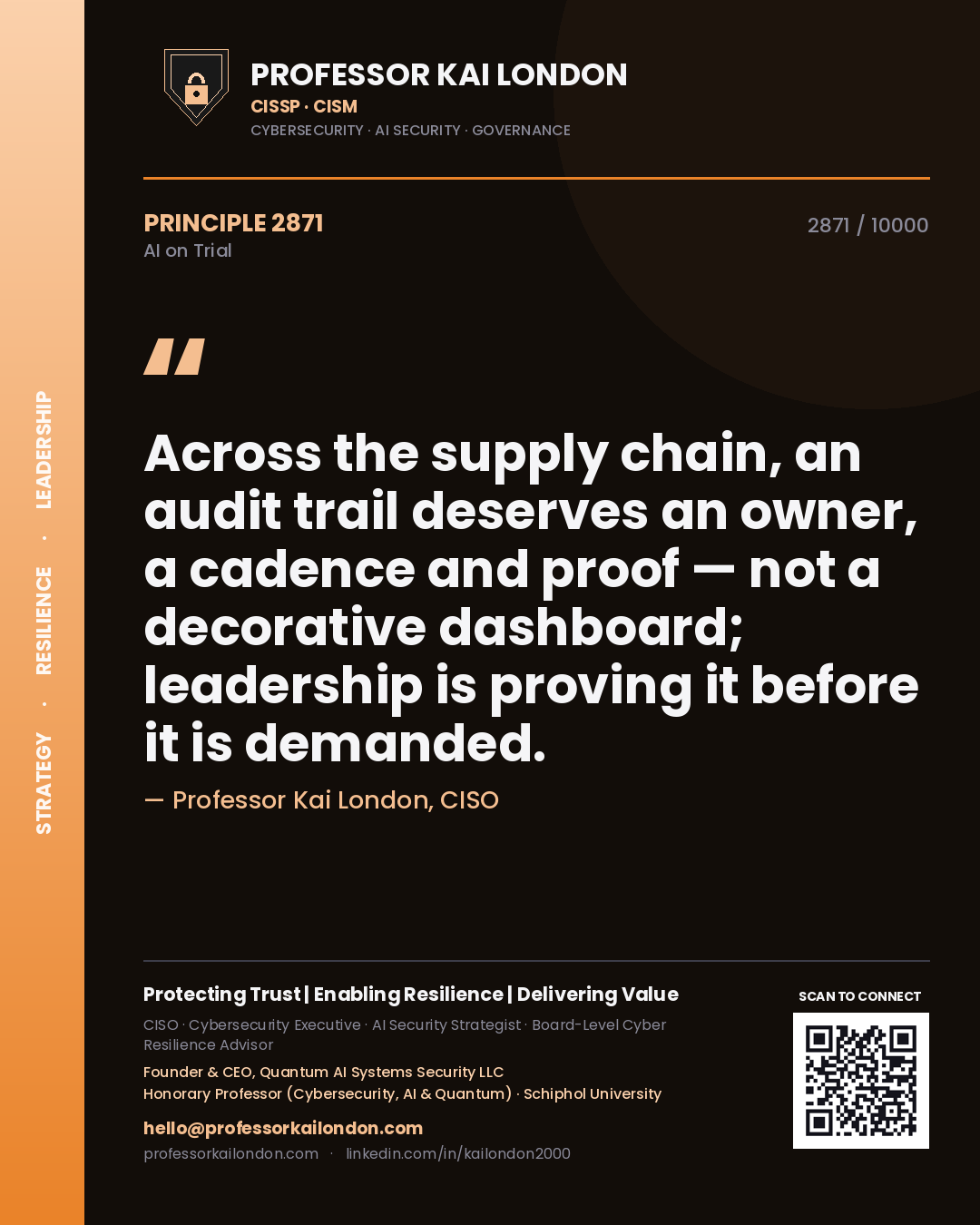 Quote card by Professor Kai London reading 'Across the supply chain, an audit trail deserves an owner, a cadence and proof — not a decorative dashboard; leadership is proving it before it is demanded.'. From the book AI on Trial.