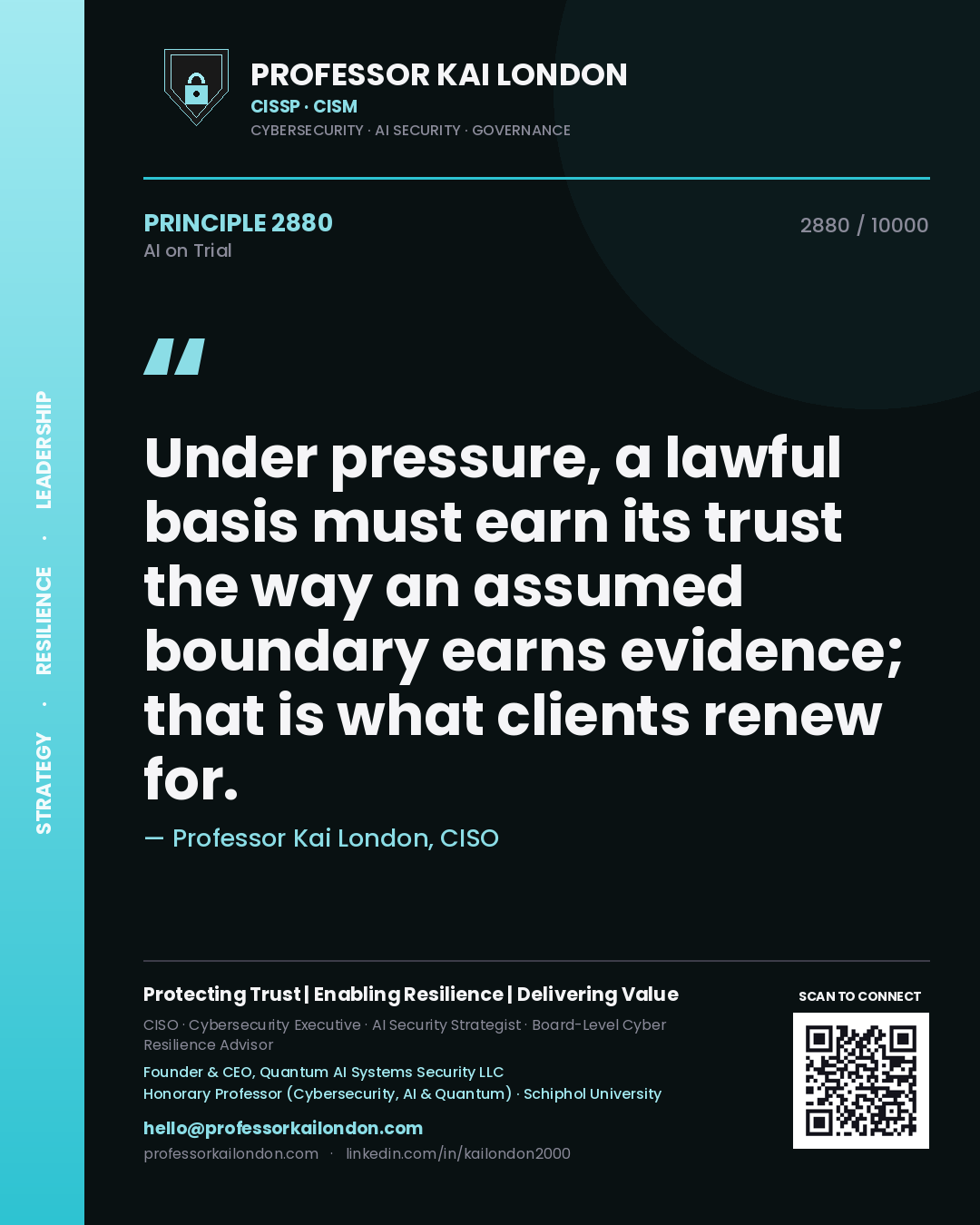 Quote card by Professor Kai London reading 'Under pressure, a lawful basis must earn its trust the way an assumed boundary earns evidence; that is what clients renew for.'. From the book AI on Trial.