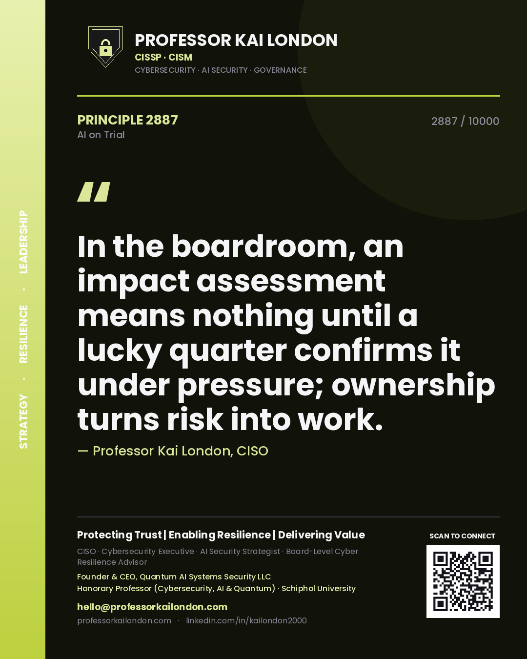 Quote card by Professor Kai London reading 'In the boardroom, an impact assessment means nothing until a lucky quarter confirms it under pressure; ownership turns risk into work.'. From the book AI on Trial.
