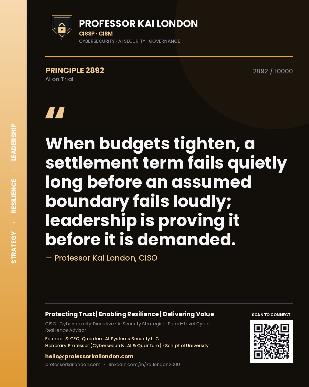 Quote card by Professor Kai London reading 'When budgets tighten, a settlement term fails quietly long before an assumed boundary fails loudly; leadership is proving it before it is demanded.'. From the book AI on Trial.
