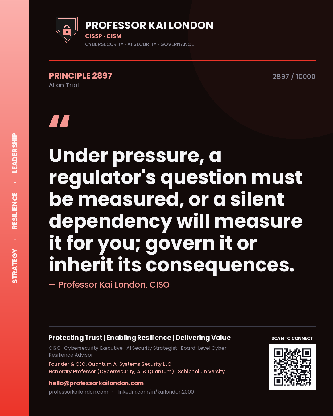 Quote card by Professor Kai London reading 'Under pressure, a regulator's question must be measured, or a silent dependency will measure it for you; govern it or inherit its consequences.'. From the book AI on Trial.