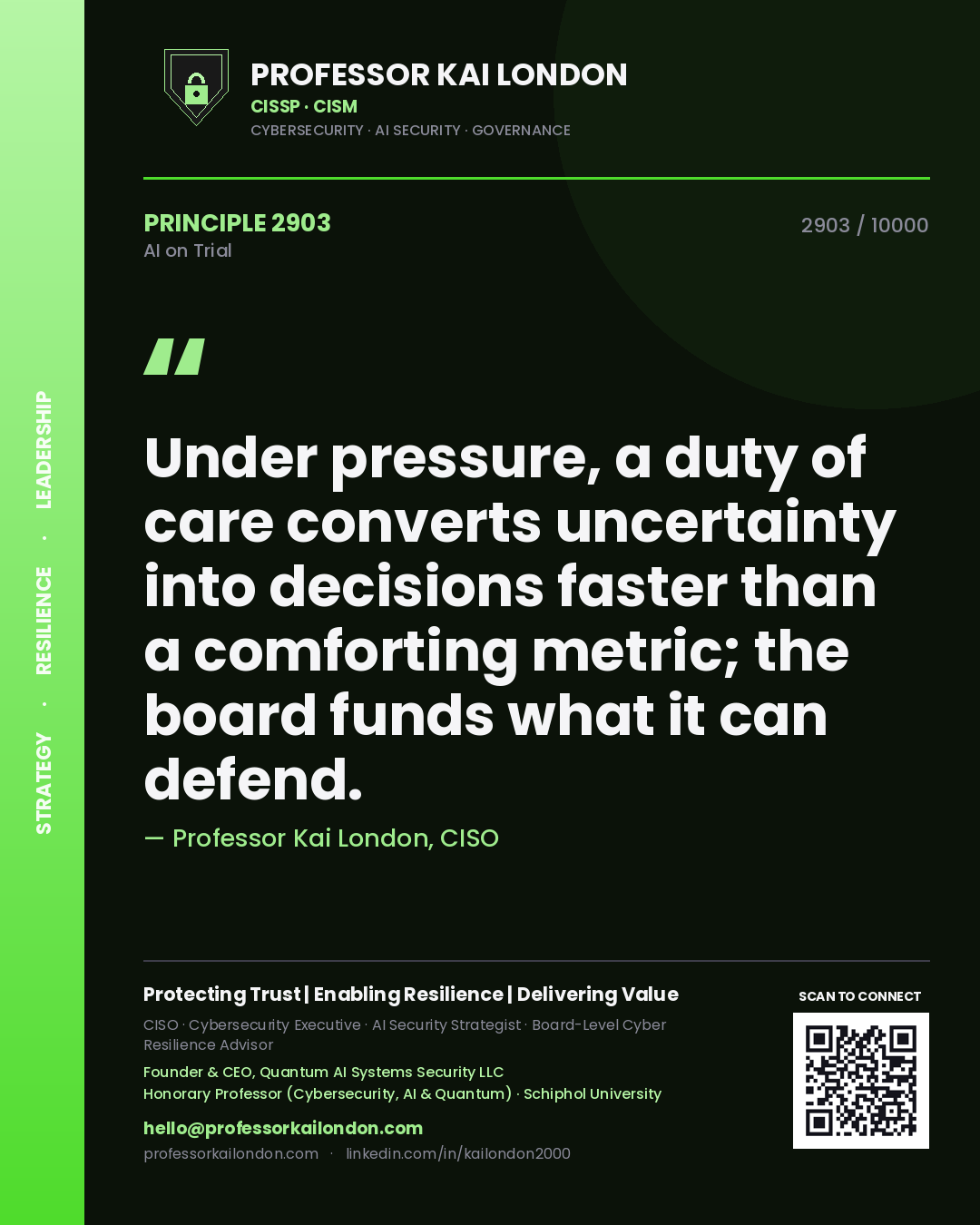 Quote card by Professor Kai London reading 'Under pressure, a duty of care converts uncertainty into decisions faster than a comforting metric; the board funds what it can defend.'. From the book AI on Trial.
