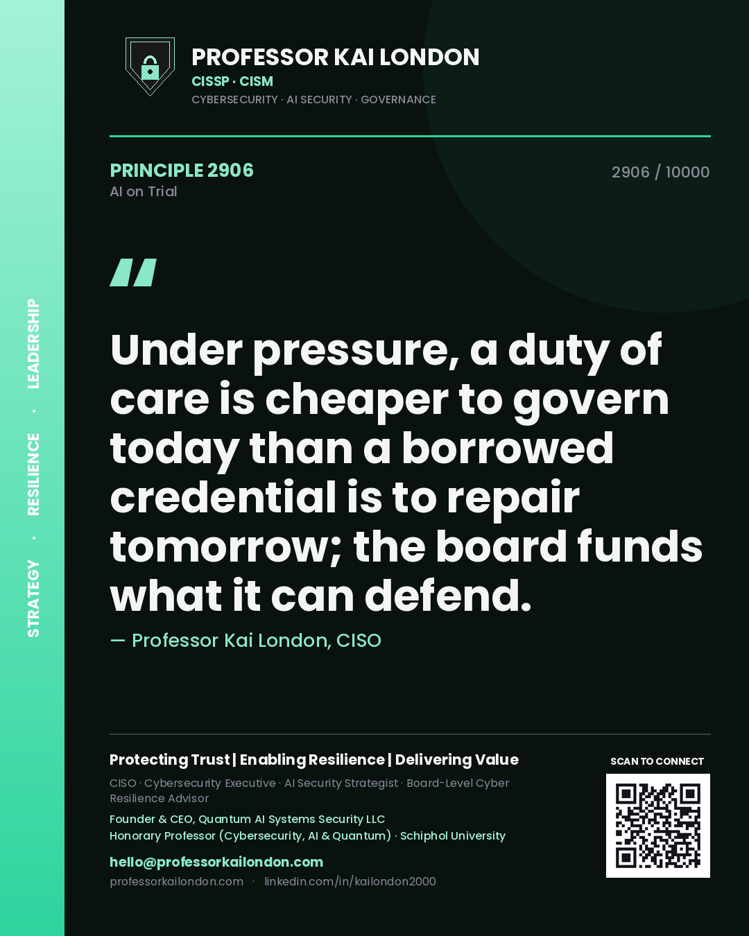 Quote card by Professor Kai London reading 'Under pressure, a duty of care is cheaper to govern today than a borrowed credential is to repair tomorrow; the board funds what it can defend.'. From the book AI on Trial.