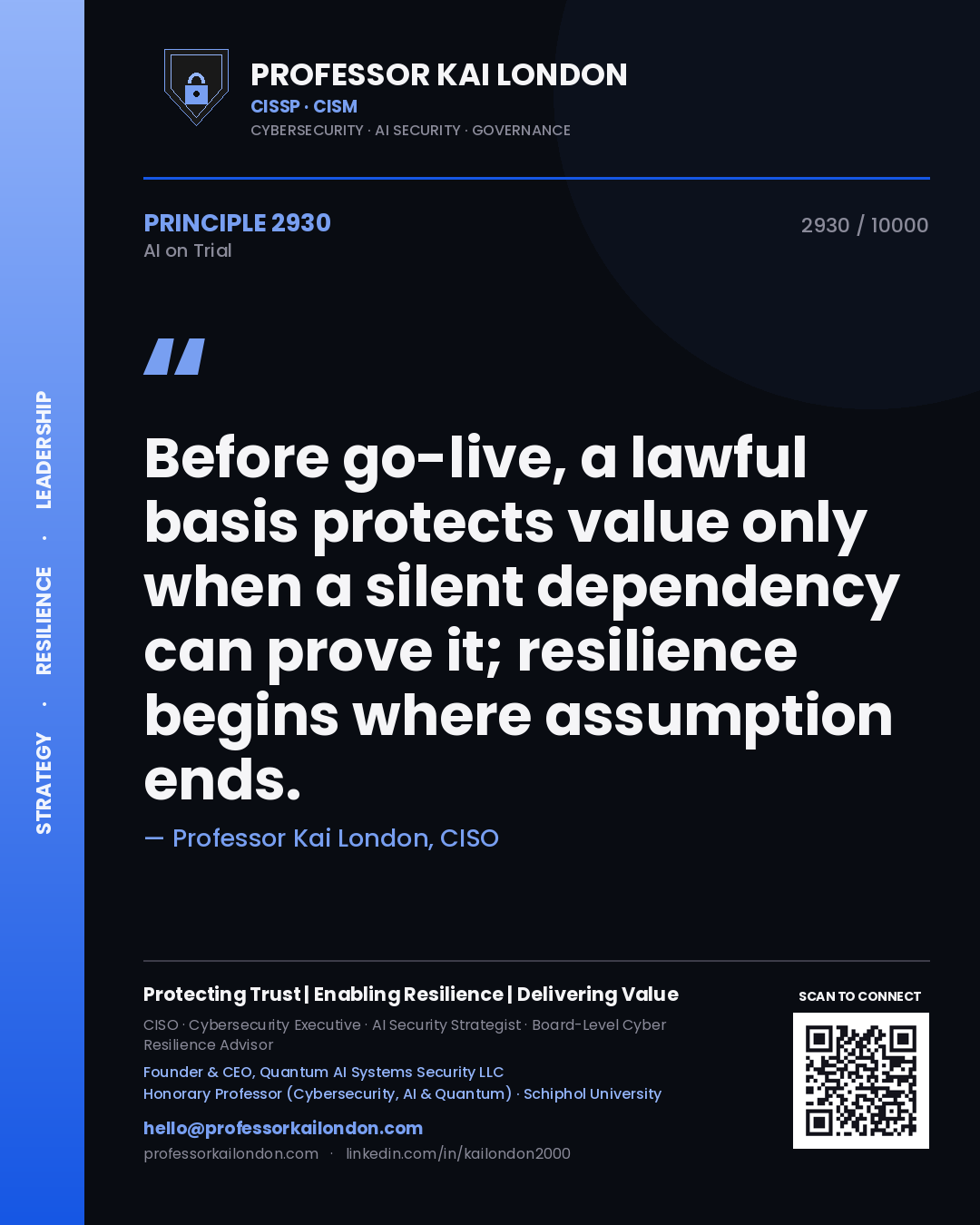 Professor Kai London principle 2930: Before go-live, a lawful basis protects value only when a silent dependency can prove it; resilience begins where assumption ends.