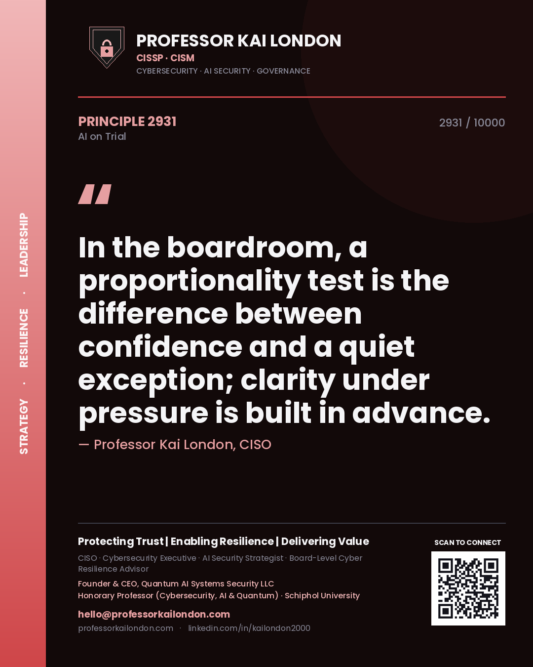 Quote card by Professor Kai London reading 'In the boardroom, a proportionality test is the difference between confidence and a quiet exception; clarity under pressure is built in advance.'. From the book AI on Trial.