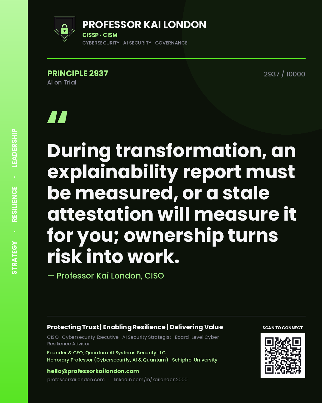 Quote card by Professor Kai London reading 'During transformation, an explainability report must be measured, or a stale attestation will measure it for you; ownership turns risk into work.'. From the book AI on Trial.