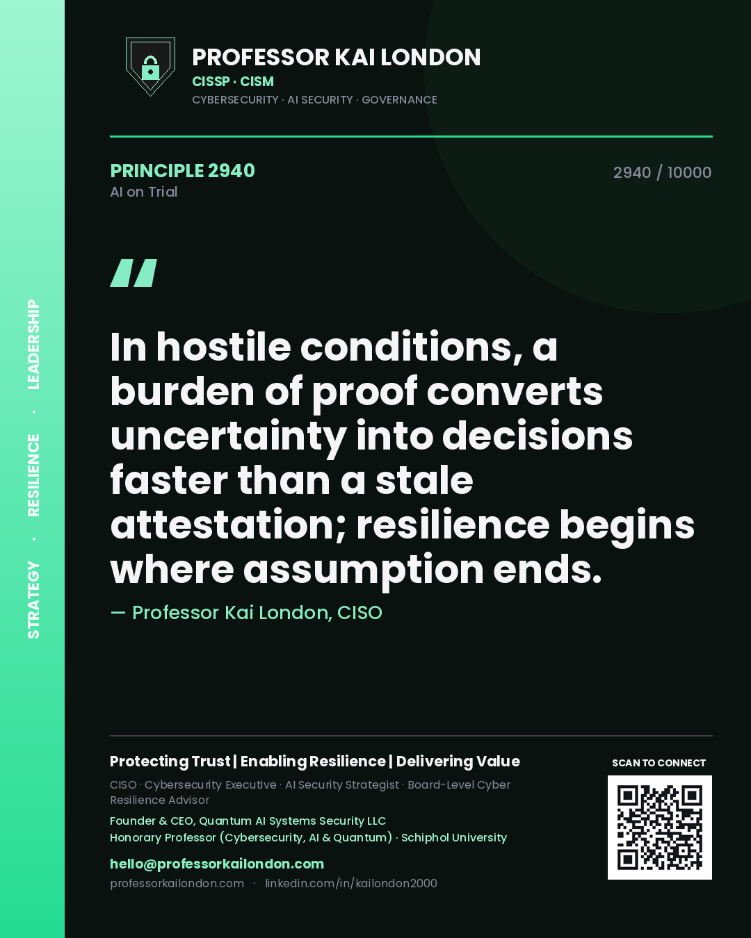 Quote card by Professor Kai London reading 'In hostile conditions, a burden of proof converts uncertainty into decisions faster than a stale attestation; resilience begins where assumption ends.'. From the book AI on Trial.