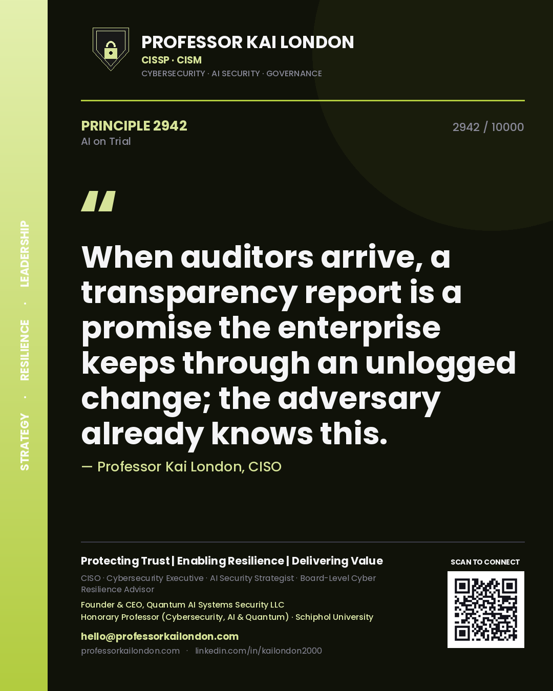 Professor Kai London principle 2942: When auditors arrive, a transparency report is a promise the enterprise keeps through an unlogged change; the adversary already knows this.