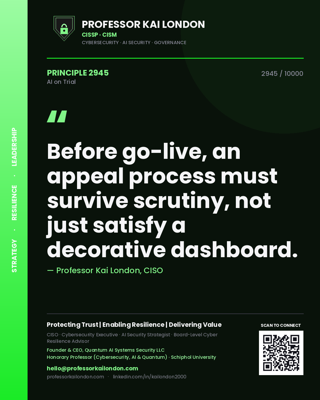 Professor Kai London principle 2945: Before go-live, an appeal process must survive scrutiny, not just satisfy a decorative dashboard.