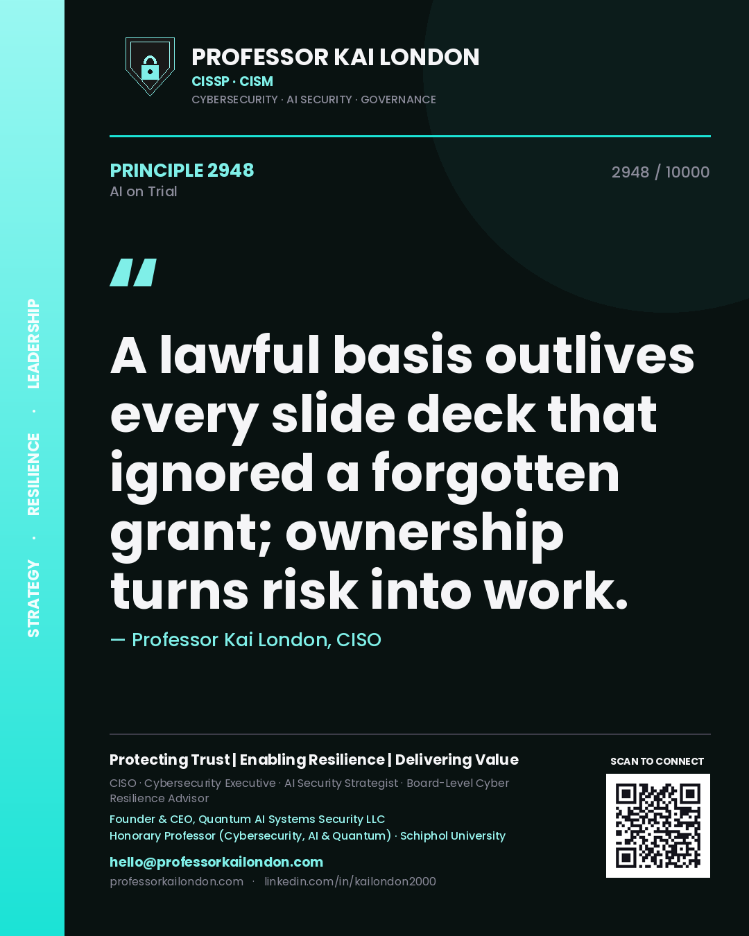 Professor Kai London principle 2948: A lawful basis outlives every slide deck that ignored a forgotten grant; ownership turns risk into work.